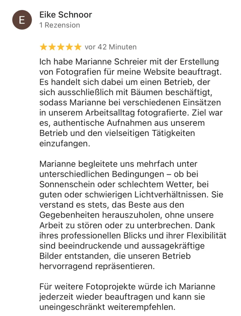 Bewertung über Fotografin Marianne Schreier